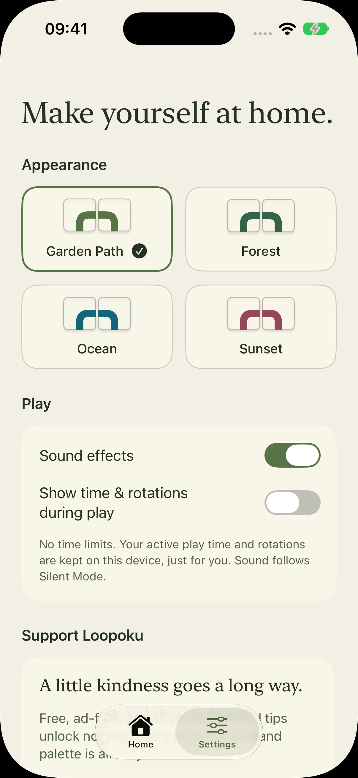 Loopoku native iPhone appearance, sound and haptic settings
